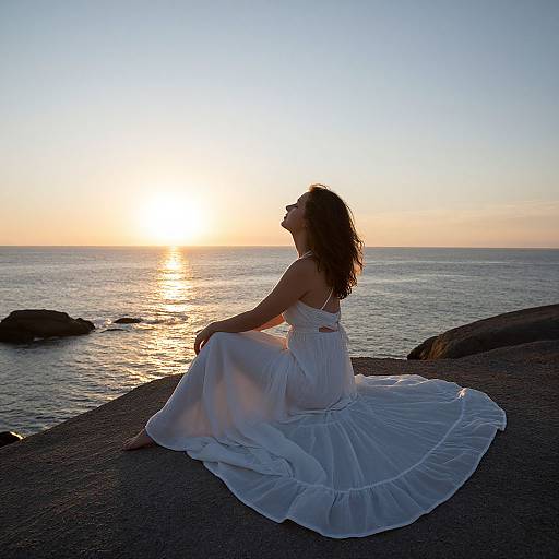 Photograph of a woman in a white, flowing dress sitting on a rocky shoreline, silhouetted against a glowing sunset over the ocean.