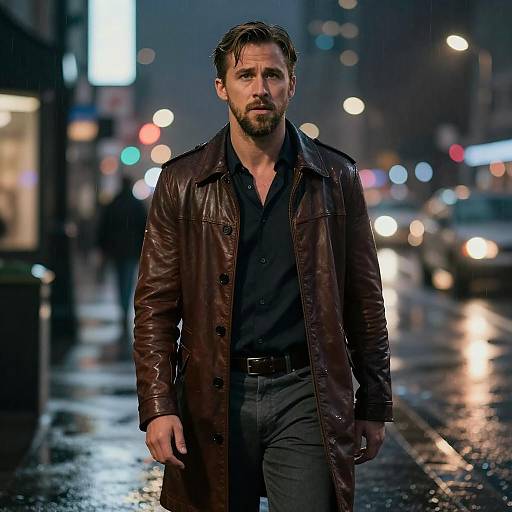 Man in Brown Leather Coat on Rainy City Street