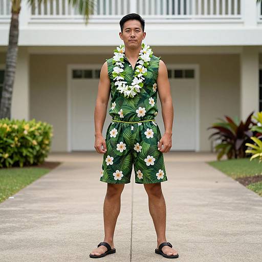 Photograph of a young Asian man standing on a concrete path, wearing a green floral shirt and shorts, flower lei, and black flip-flops,