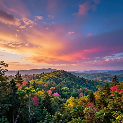 Vibrant photograph of a lush, colorful forest at sunset, featuring a blend of green, red, yellow, and pink foliage under a dramatic,