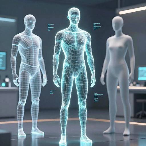 Digital CGI of three glowing, wireframe human figures in a futuristic lab, illuminated blue against a dark, high-tech background.