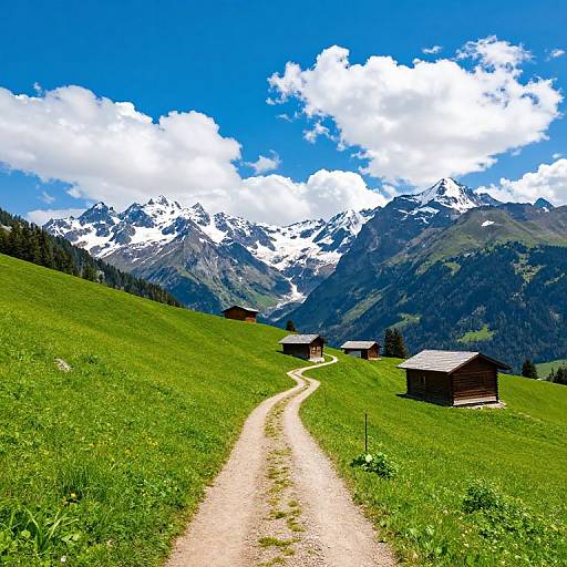 Photograph of a vibrant green meadow with a winding dirt path leading to wooden cabins, set against a backdrop of snow-capped mountains under a bright