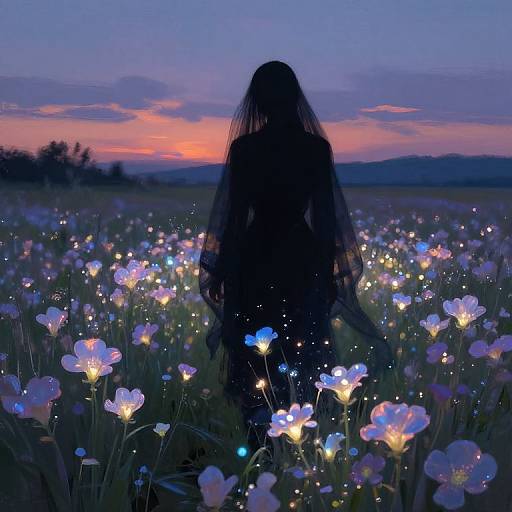 Silhouetted figure with long hair stands in glowing blue and white flower field at twilight, with a pink-orange sunset in the background. Photographic
