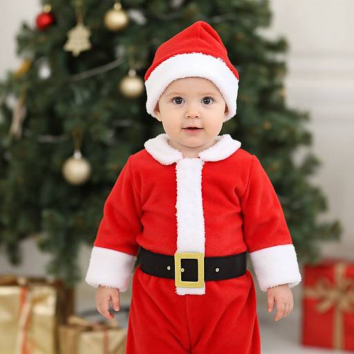 Photograph of a smiling baby in a red Santa outfit with white trim, black belt, and hat, standing in front of a decorated Christmas tree and