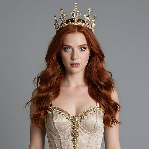 Photograph of a fair-skinned woman with long red hair, wearing a gold crown and a white, ornate corset with gold trim, against