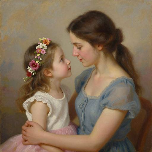 Digital painting of a loving mother in a blue dress, gazing at her daughter in a white and pink dress, with a flower crown, against a