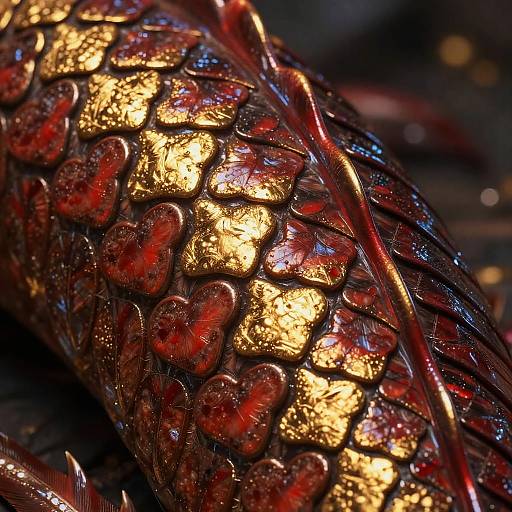 Close-up photograph of a snake's shimmering scales, featuring a pattern of golden-yellow and deep red scales with a glossy texture.