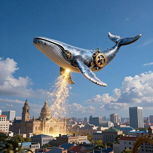 Clockwork Whale Soaring Over Cityscape