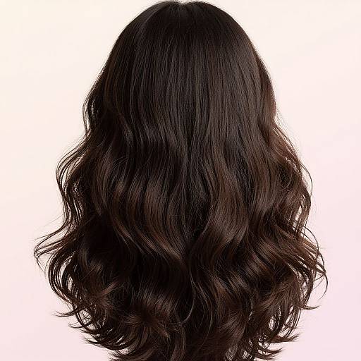 Photograph of a person's back with long, wavy, dark brown hair cascading down to the shoulders against a plain white background.