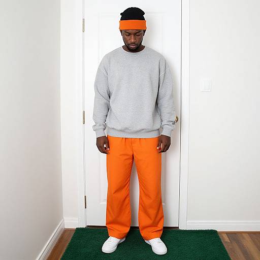 Man in Casual Grey and Orange Outfit