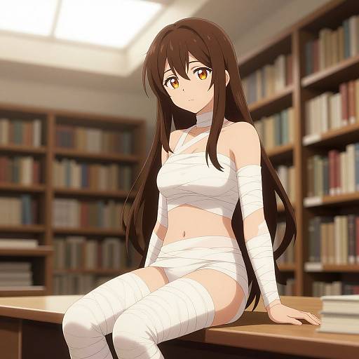 Anime-style digital drawing of a brown-haired, amber-eyed girl in white bandages, sitting on a library desk, surrounded by bookshelves.