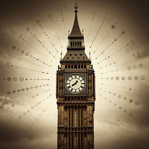 Photograph of London's Big Ben clock tower with a dramatic, sepia-toned sky and radiating clock hands and numbers.