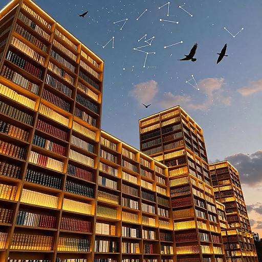 Photograph of a modern, golden-lit library building with multiple floors of bookshelves, set against a twilight sky with flying birds and constellation patterns