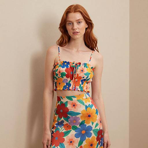 Woman Wearing Colorful Floral Crop Top and Skirt