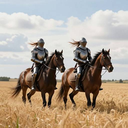 Photograph of two armored riders on brown horses galloping through a golden wheat field under a bright blue sky with white clouds.