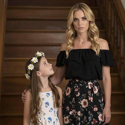 Photograph of a blonde woman in a black off-shoulder top and floral skirt, standing with a young girl in a floral dress and flower crown