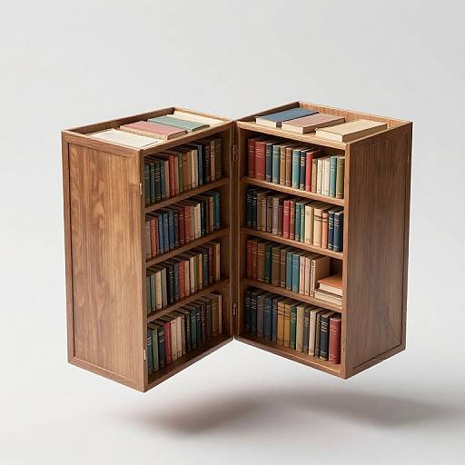 Photograph of a wooden bookshelf with two open doors, revealing colorful books neatly arranged on four shelves.