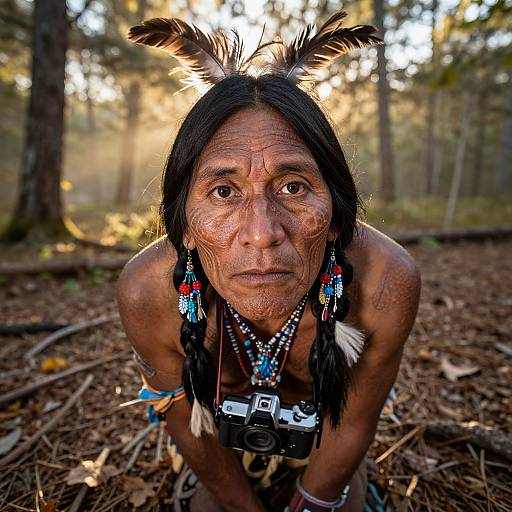 Photograph of an elderly Indigenous woman with braided black hair, feather headpiece, and colorful bead necklaces, holding a camera in a sunlit