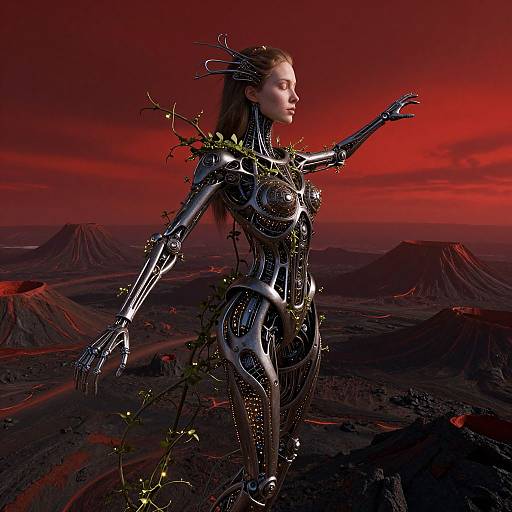CGI image of a cybernetic woman with metallic armor and vine-like attachments, standing in a red-hued volcanic landscape.