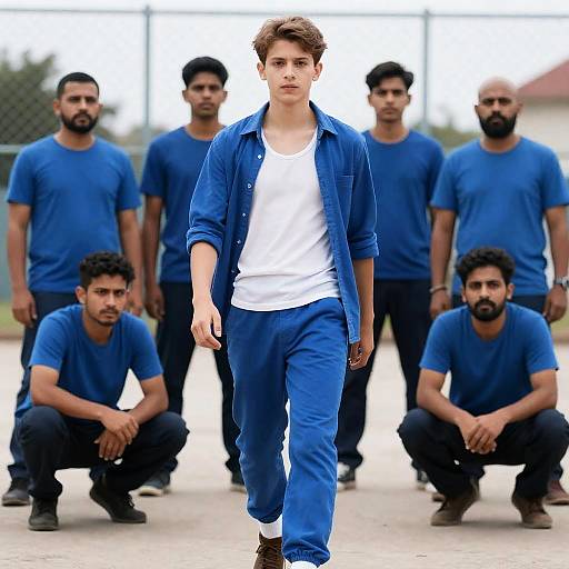 Young Man in Blues Amidst Gritty Scene