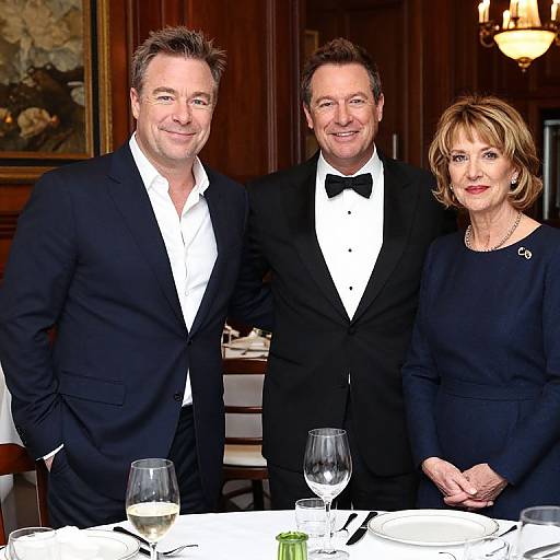 Photograph of three elegantly dressed individuals, two men in black tuxedos with bow ties, one woman in a black blouse, standing at