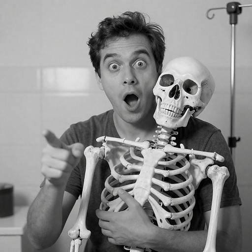 Surprised Man Holding Skeleton Model