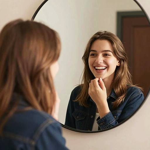 Photograph of a smiling young woman with long brown hair, wearing a denim shirt, looking at herself in a round mirror.