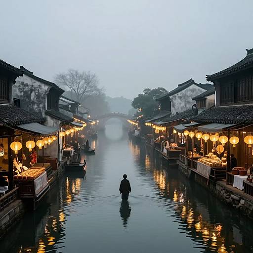 Photograph of a foggy, illuminated Asian market canal at dusk, with a solitary figure wading through calm water, surrounded by lantern-lit wooden