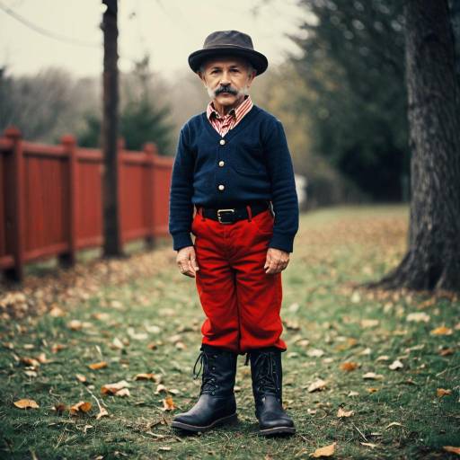 Boy Wearing Grandad Costume with Mustache and Red Pants