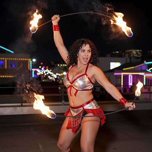 Photograph of a curly-haired woman performing a fiery hoop dance at night, wearing a silver and red bikini-style top and skirt, with flames glowing around