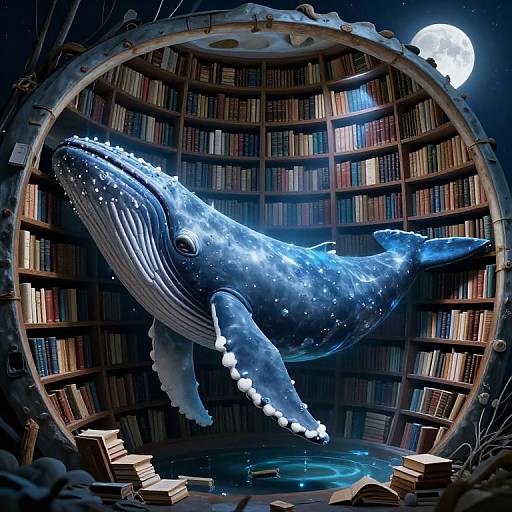 Digital artwork of a glowing blue whale suspended inside a circular wooden bookshelf, surrounded by books and moonlight, with scattered books on the floor below.