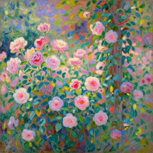 Impressionist-style painting of vibrant pink roses with white centers, surrounded by green leaves and dappled sunlight on a textured, colorful background.