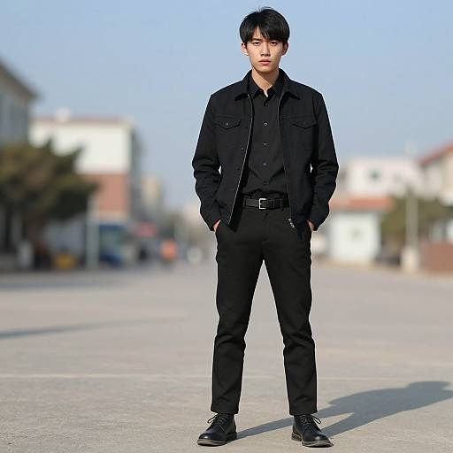 Photograph of a young Asian man standing confidently in an urban street, wearing all-black outfit, hands in pockets, blue sky background.