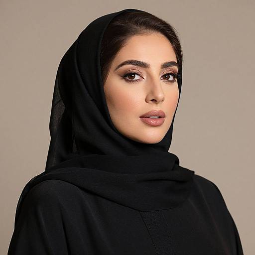 Photograph of a beautiful woman with fair skin, dark brown eyes, and full lips, wearing a black hijab and black top, against a plain