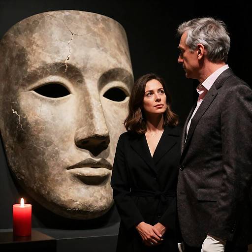 Man and Woman Observing Large Stone Mask in Gallery