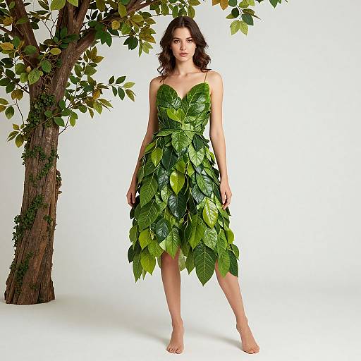 Photograph of a woman with wavy dark hair, wearing a strapless dress made of green leaves, standing barefoot next to a leafy tree