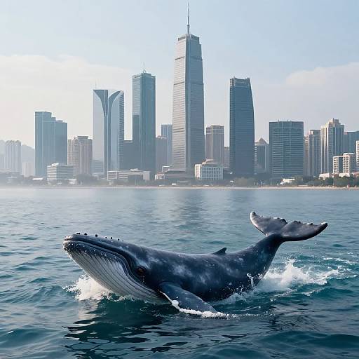 Photograph of a large whale breaching the ocean in front of a modern city skyline with tall skyscrapers under a clear blue sky.