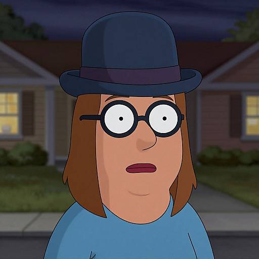 Cartoon of a wide-eyed, brown-haired woman with glasses and a black bowler hat, standing outside a suburban house at night.
