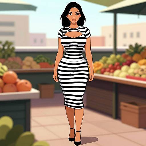 Digital illustration of a curvy woman with black hair in a tight, black-and-white striped dress, standing in a brightly lit grocery store.
