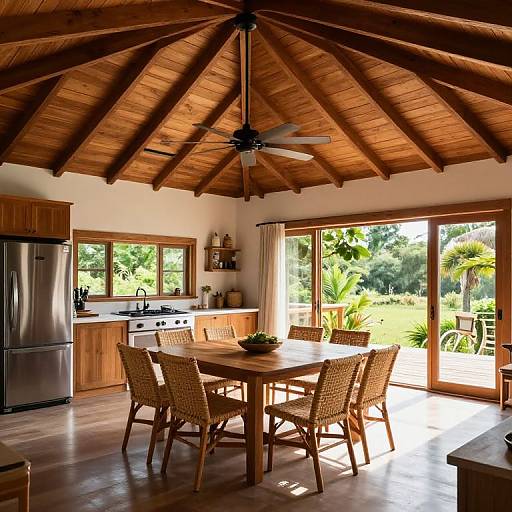 Photograph of a sunny, rustic kitchen with a wooden ceiling, wicker chairs, stainless steel fridge, wooden table, and large sliding glass doors opening