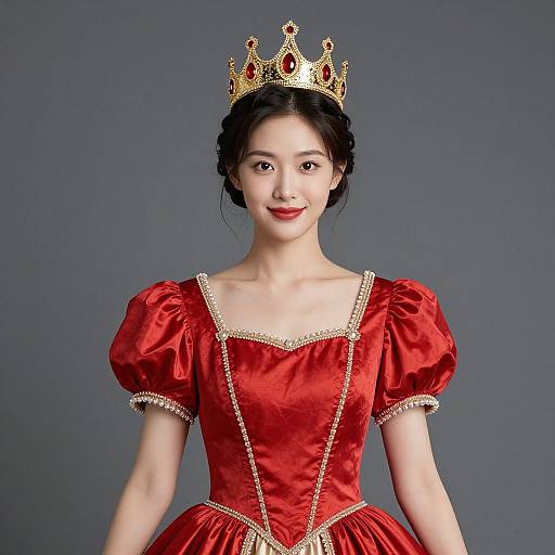 Photograph of an Asian woman with fair skin, black hair in a bun, wearing a red satin princess dress with gold trim, and a gold crown