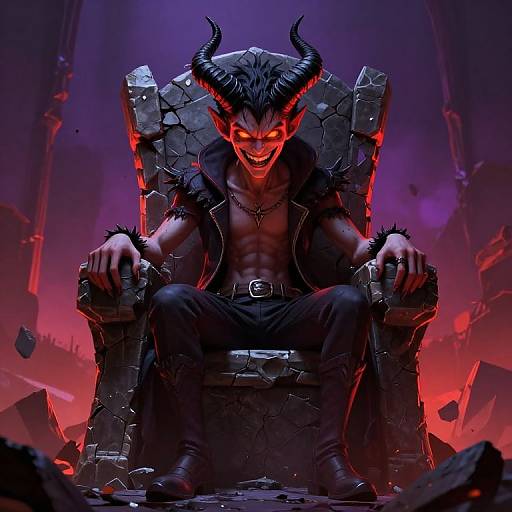 Digital artwork: Muscular, demon-like figure with red glowing eyes, black horns, and sharp teeth, sits menacingly on a cracked stone throne,