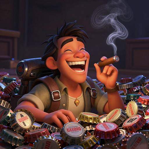 Animated young man with dark hair, smiling widely, holding a cigar emitting smoke, surrounded by numerous 
