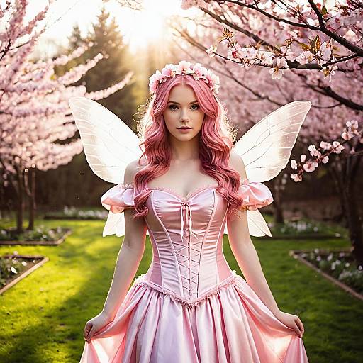 Woman in Pink Fairy Costume in Blossom Garden