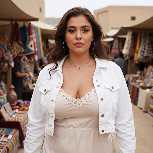 Photograph of a curvy woman with medium-dark skin, long dark hair, and full lips, wearing a white blouse over a low-cut lace top
