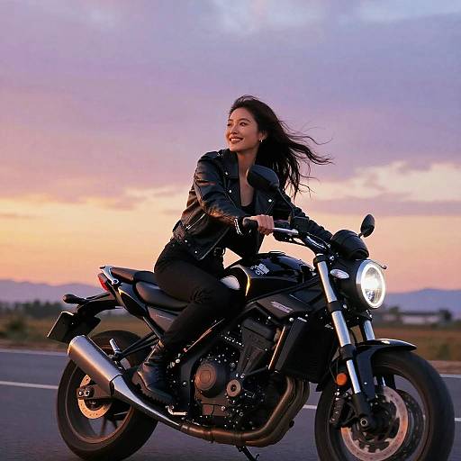 Smiling Woman Riding Motorcycle at Sunset