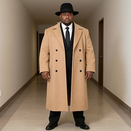 Photograph of a Black man in a black suit, white shirt, black tie, black bowler hat, and long beige overcoat, standing in