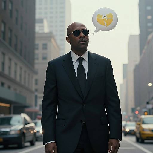 Photograph of a bald Black man in a black suit, tie, and sunglasses, standing on a busy city street with a speech bubble containing a yellow