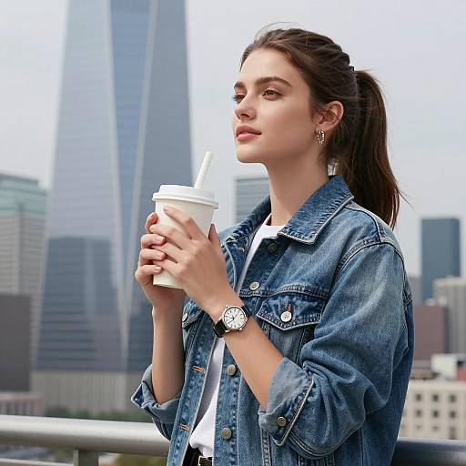 Young woman enjoying drink in cityscape