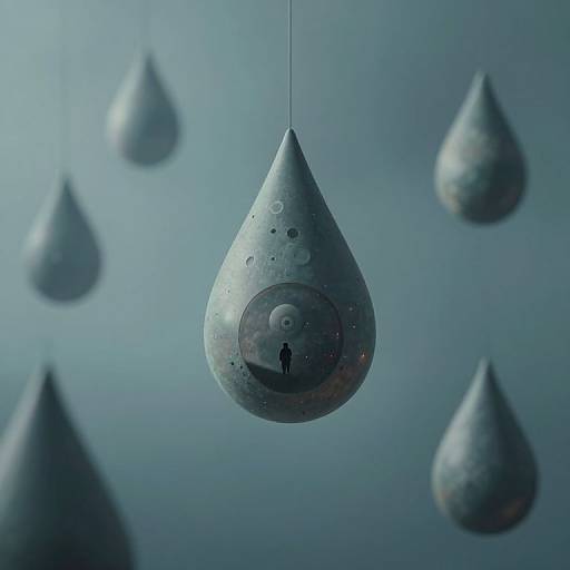 Photograph of hanging, textured, gray, teardrop-shaped lights with small black silhouettes inside, against a softly blurred, cool blue background